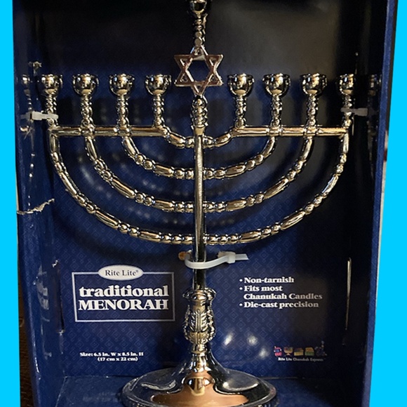 Silvertone Menorah & Box of 44 Tall 5" Candles - Traditional design, Brand New - Picture 4 of 6